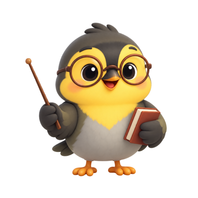 The Tiaris bird dressed as a teacher, with round glasses, a pointer and a book
