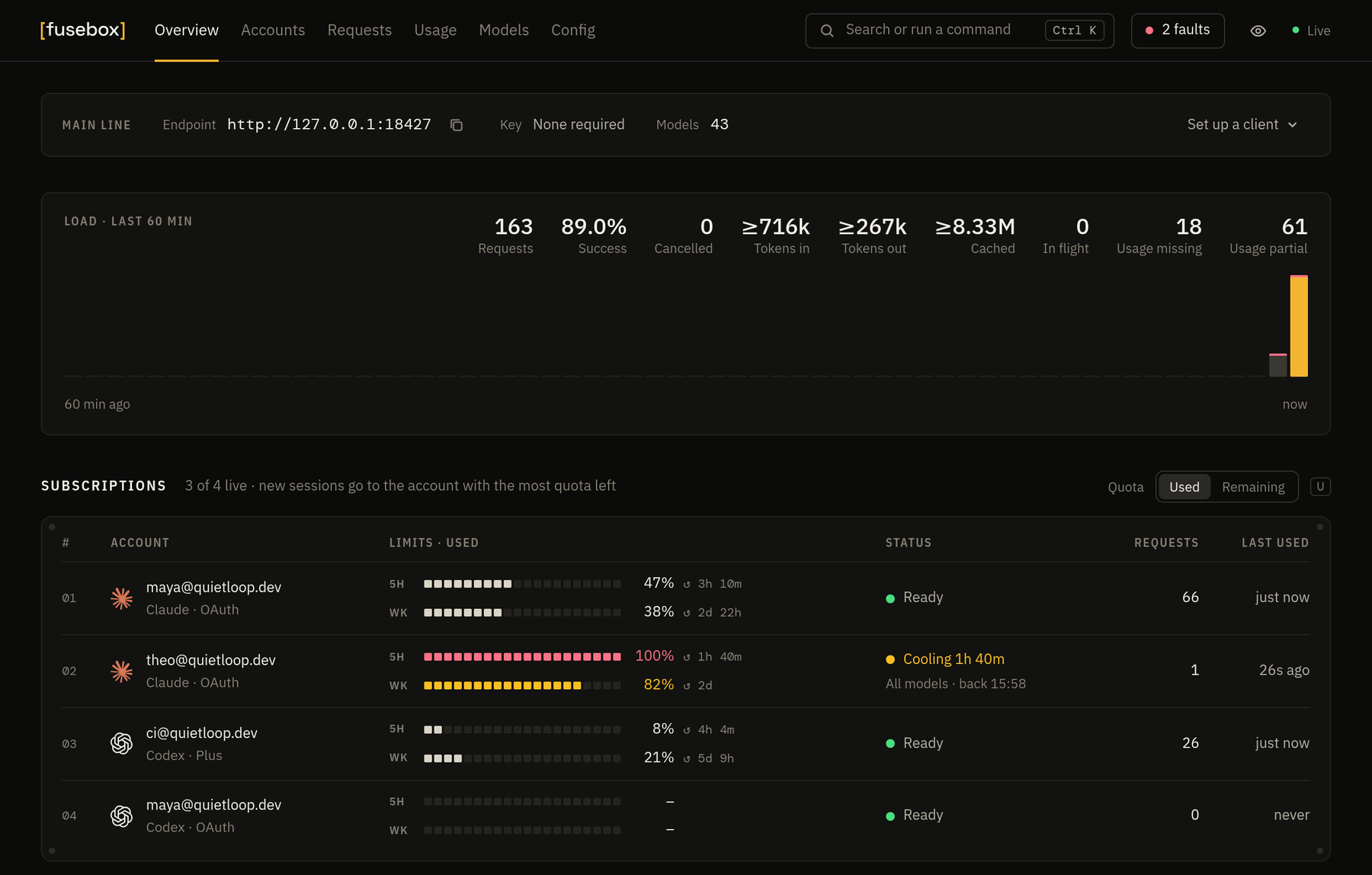 Fusebox overview: endpoint, load over the last 60 minutes and per-account quota meters